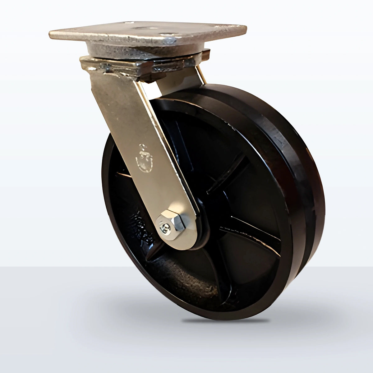 10" V-groove Cast Iron Caster, Top Plate, 3500 lb Capacity - Roller Bearing