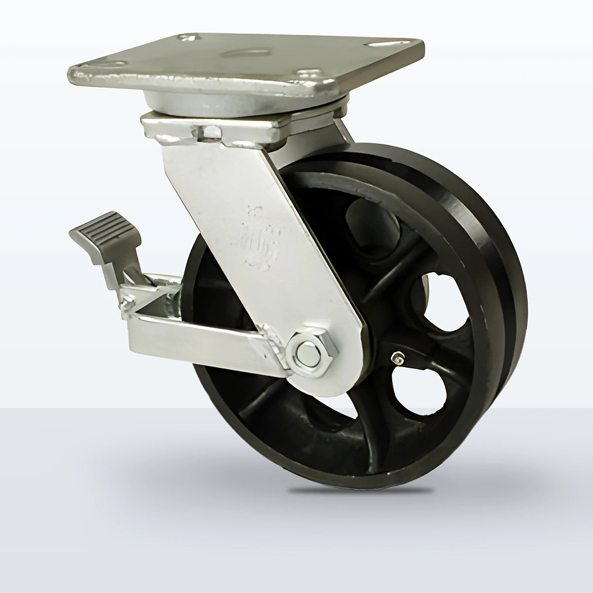 8" V-groove Cast Iron Caster, Top Plate, 3500 lb Capacity - Roller Bearing