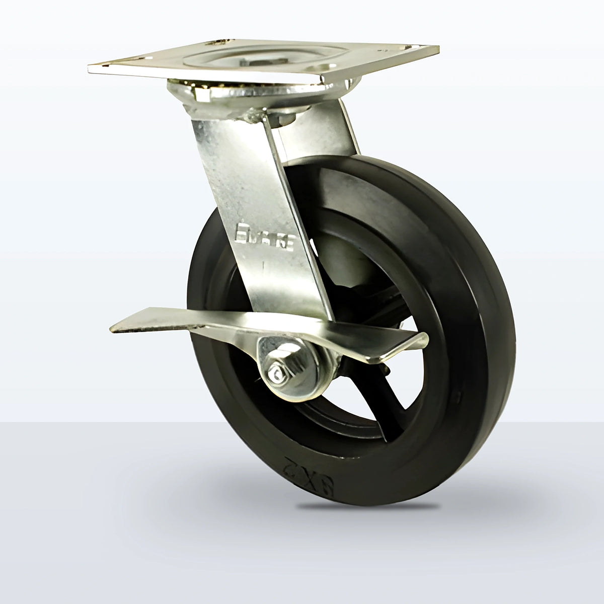 8" Rubber on Cast Iron Caster, Top Plate, 600 lb Capacity - Roller Bearing