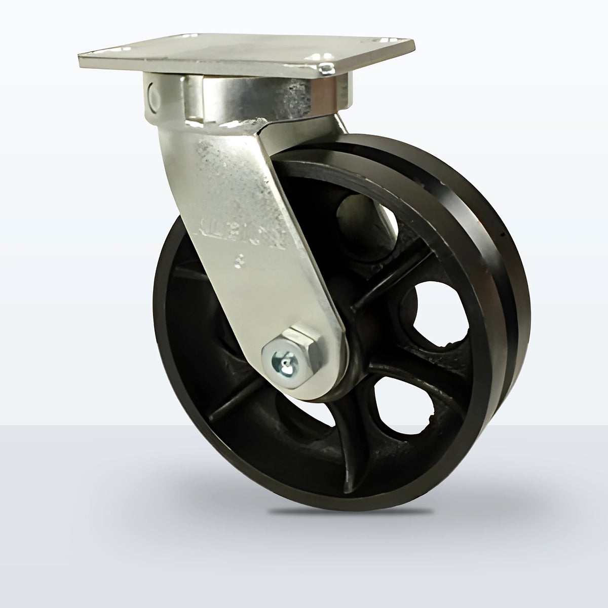 8" V-groove Cast Iron Caster, Top Plate, 3500 lb Capacity - Roller Bearing, 4-1/2 X 6-1/4 Plate
