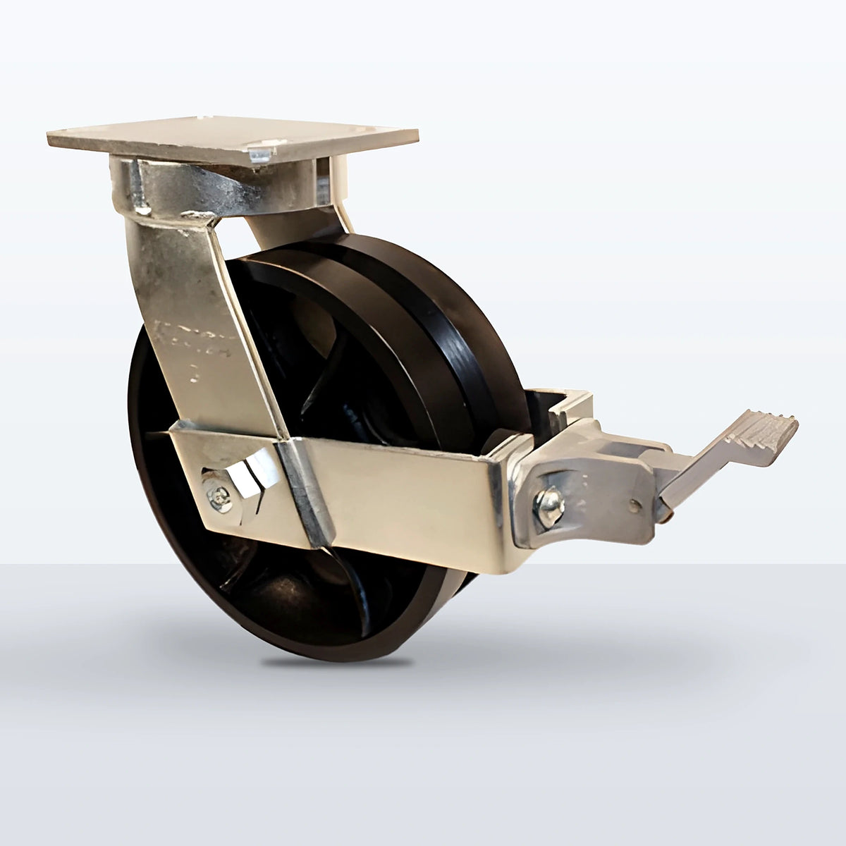 8" V-groove Cast Iron Caster, Top Plate, 3500 lb Capacity - Roller Bearing, 4-1/2 X 6-1/4 Plate