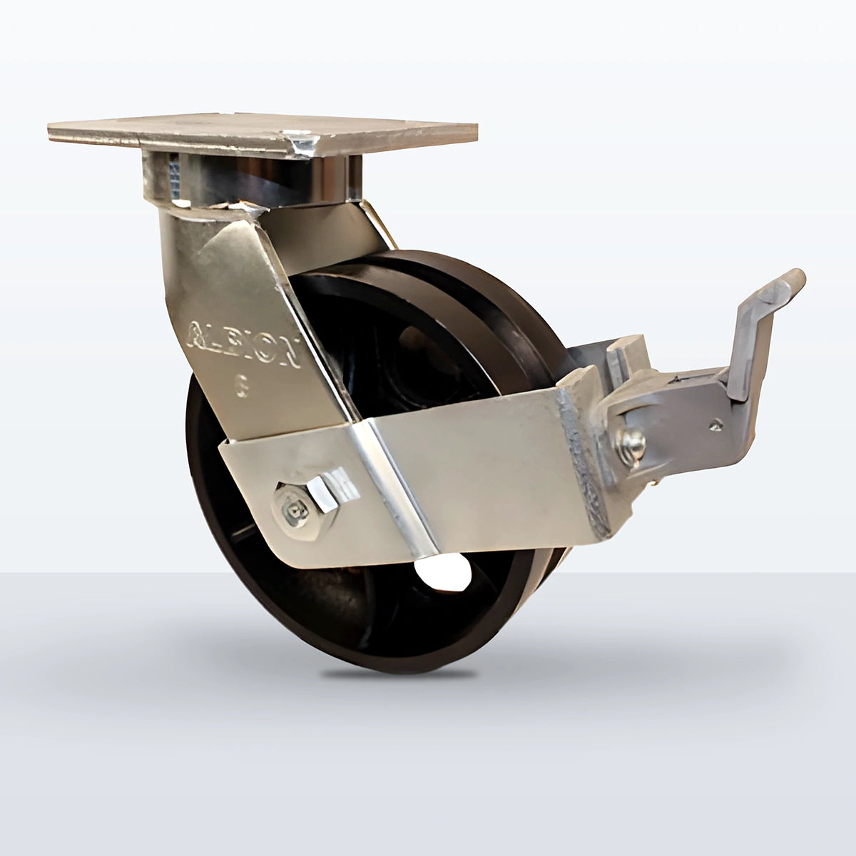 8" V-groove Cast Iron Caster, Top Plate, 3500 lb Capacity - Roller Bearing, 5-1/4 X 7-1/4 Plate