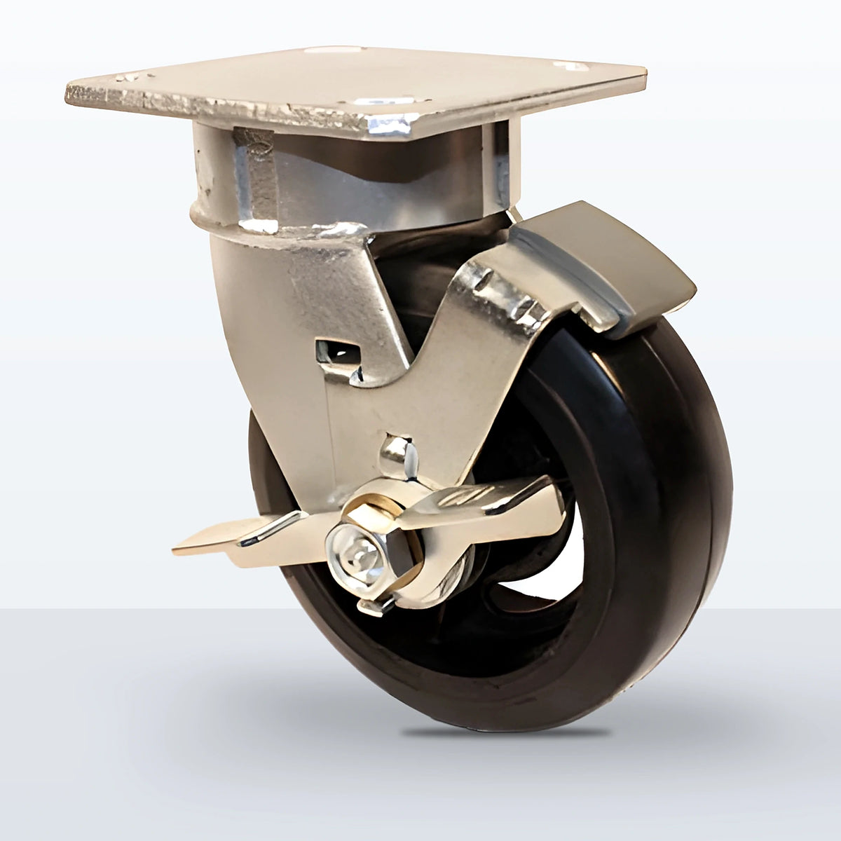 5" Rubber on Cast Iron Caster, Top Plate, 400 lb Capacity - Roller Bearing, 4 X 4-1/2 Plate