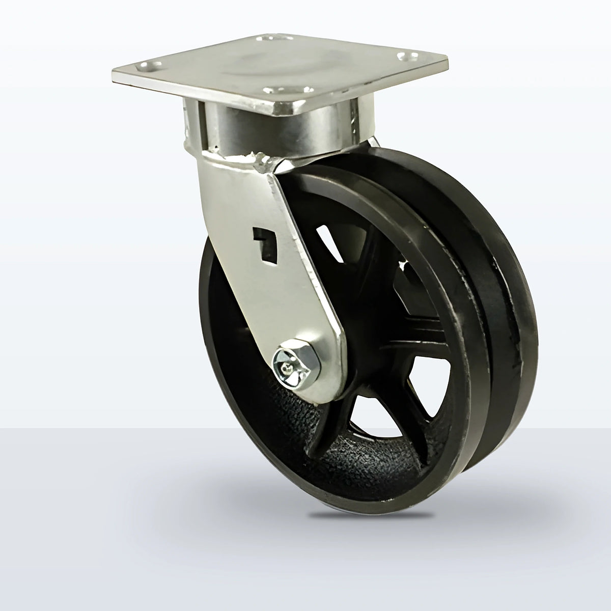 6" V-groove Cast Iron Caster, Top Plate, 1000 lb Capacity - Roller Bearing, 4 X 4-1/2 Plate