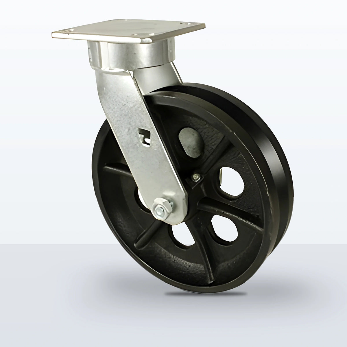 8" V-groove Cast Iron Caster, Top Plate, 1200 lb Capacity - Roller Bearing, 4 X 4-1/2 Plate