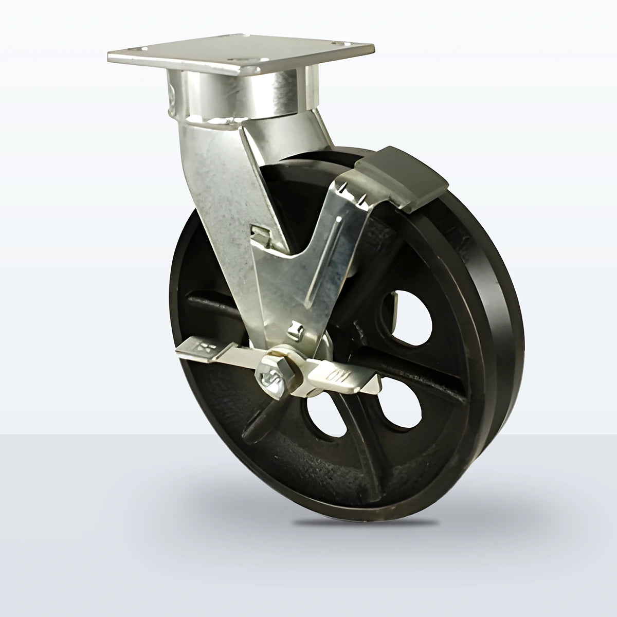 8" V-groove Cast Iron Caster, Top Plate, 1200 lb Capacity - Roller Bearing, 4 X 4-1/2 Plate