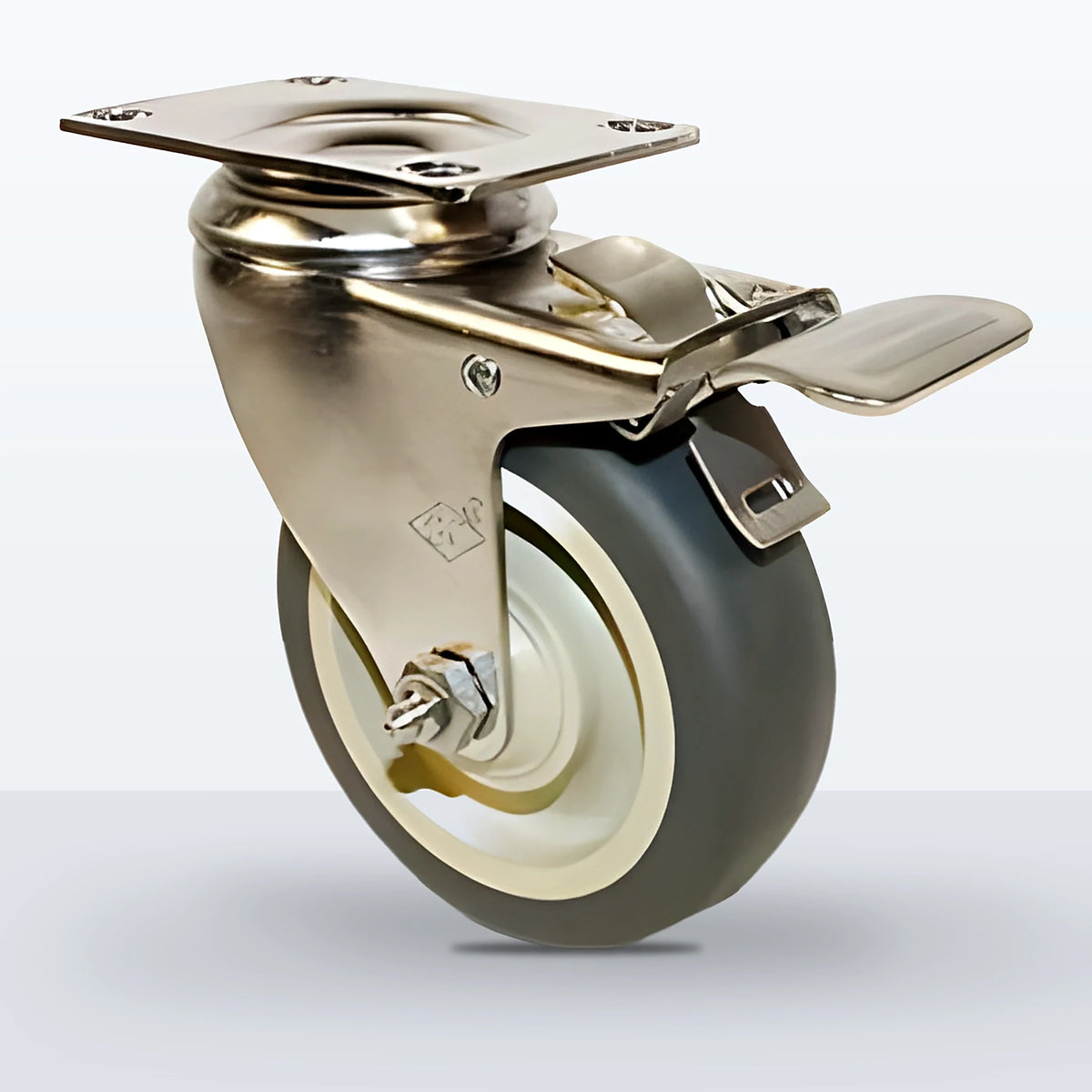 Stainless Steel 4" Thermoplastic Rubber on Polyolefin Caster, Top Plate, 250 lb Capacity - Plain with Stainless Steel Bushing
