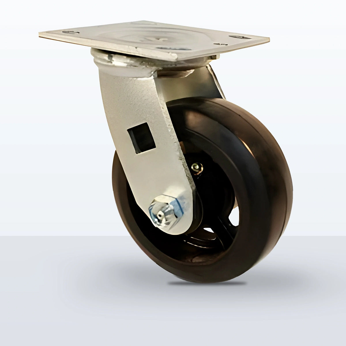 5" Rubber on Cast Iron Caster, Top Plate, 400 lb Capacity - Roller Bearing, 4 X 4-1/2 Plate, 6-1/2" Overall Height