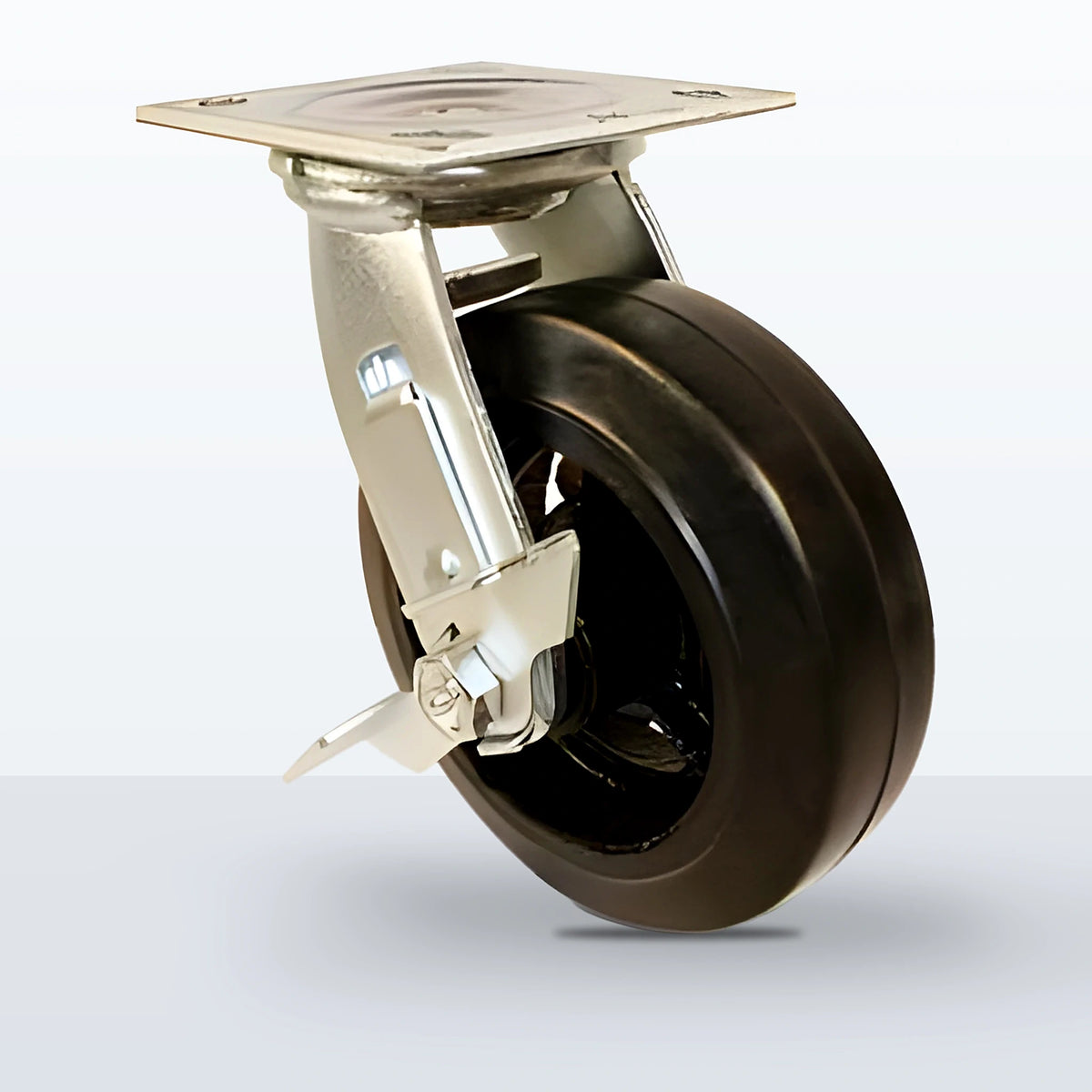 6" Rubber on Cast Iron Caster, Top Plate, 550 lb Capacity - Roller Bearing, 4 X 4-1/2 Plate, 7-1/2" Overall Height