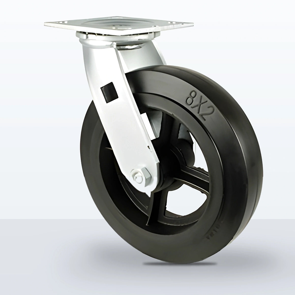 8" Rubber on Cast Iron Caster, Top Plate, 600 lb Capacity - Roller Bearing, 4 X 4-1/2 Plate, 9-1/2" Overall Height