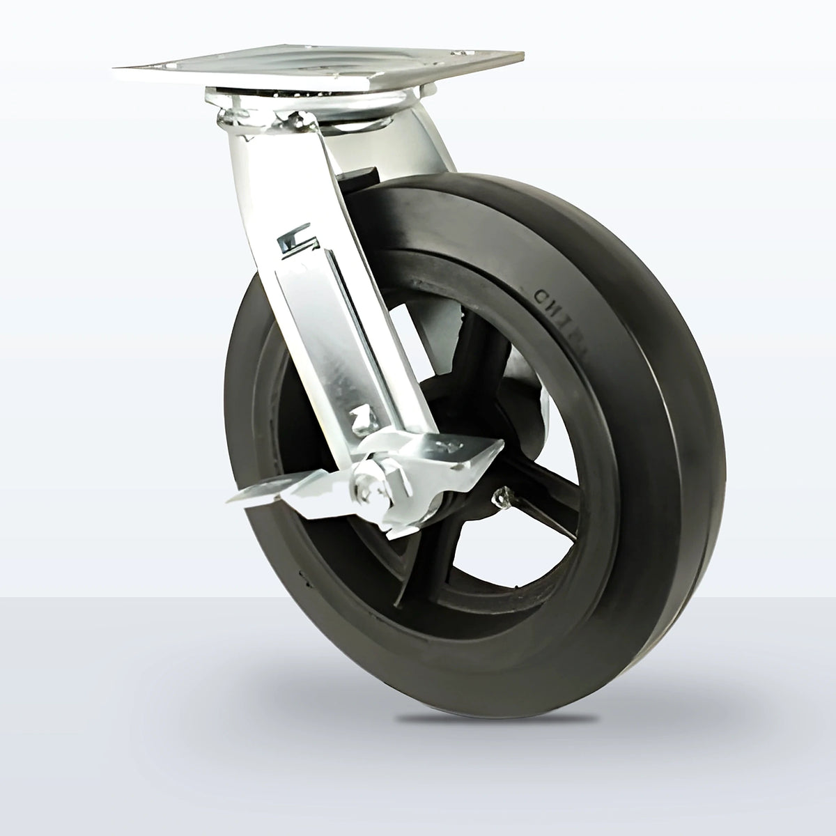 8" Rubber on Cast Iron Caster, Top Plate, 600 lb Capacity - Roller Bearing, 4 X 4-1/2 Plate, 9-1/2" Overall Height
