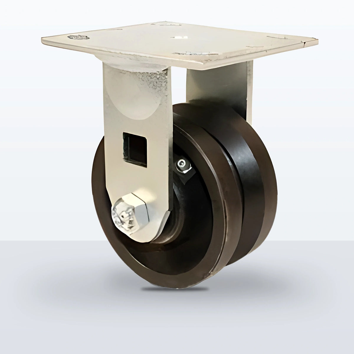 4" V-groove Cast Iron Caster, Top Plate, 600 lb Capacity - Roller Bearing, 4 X 4-1/2 Plate, 5-5/8" Overall Height