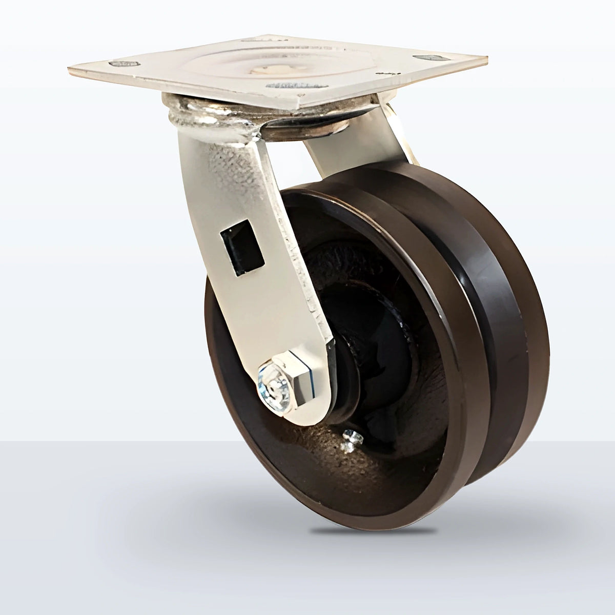 5" V-groove Cast Iron Caster, Top Plate, 900 lb Capacity - Roller Bearing, 4 X 4-1/2 Plate, 6-1/2" Overall Height