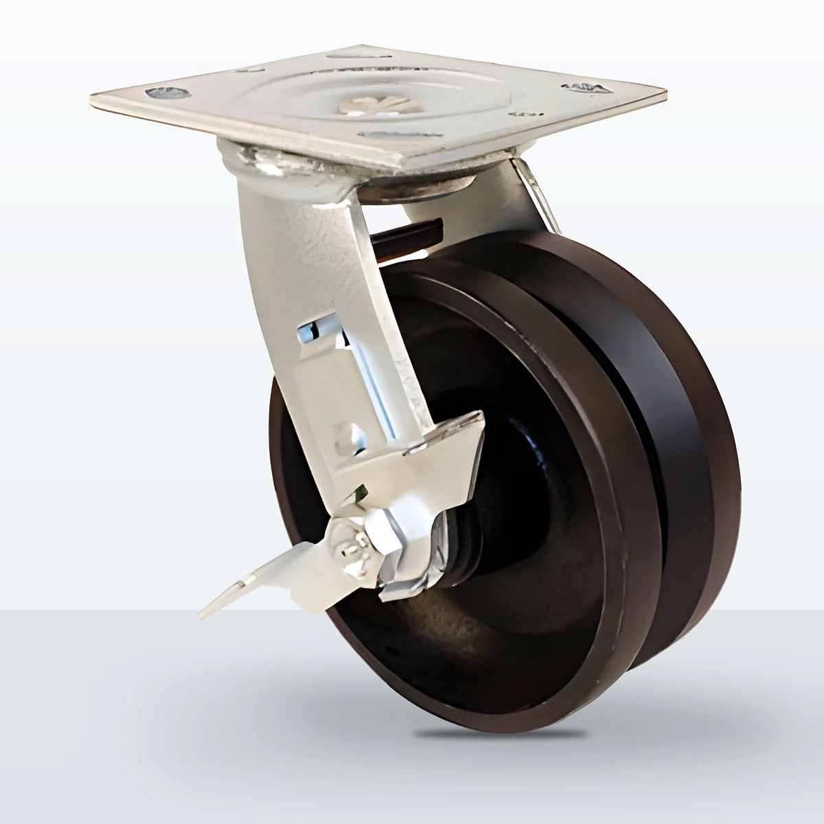 5" V-groove Cast Iron Caster, Top Plate, 900 lb Capacity - Roller Bearing, 4 X 4-1/2 Plate, 6-1/2" Overall Height