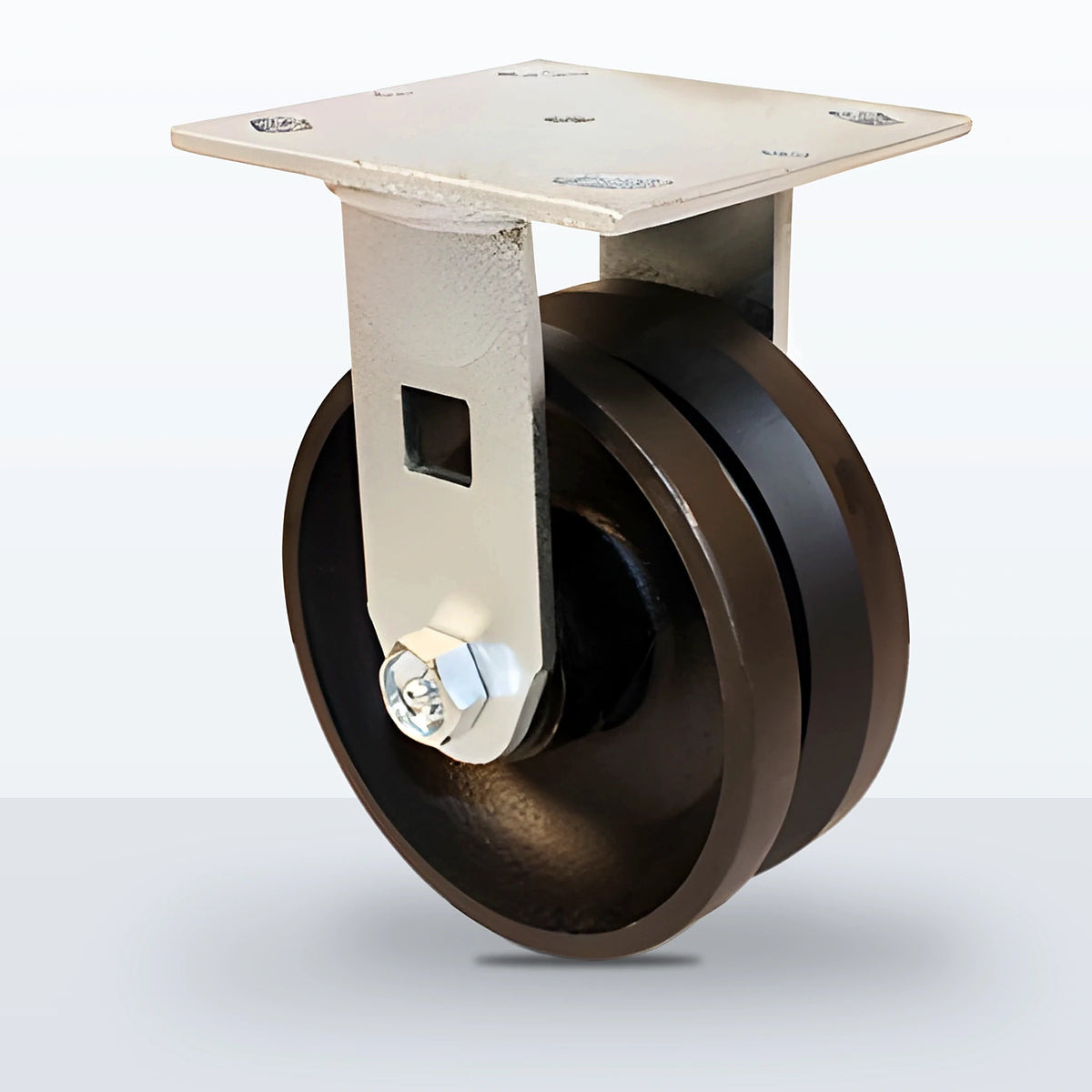 5" V-groove Cast Iron Caster, Top Plate, 900 lb Capacity - Roller Bearing, 4 X 4-1/2 Plate, 6-1/2" Overall Height