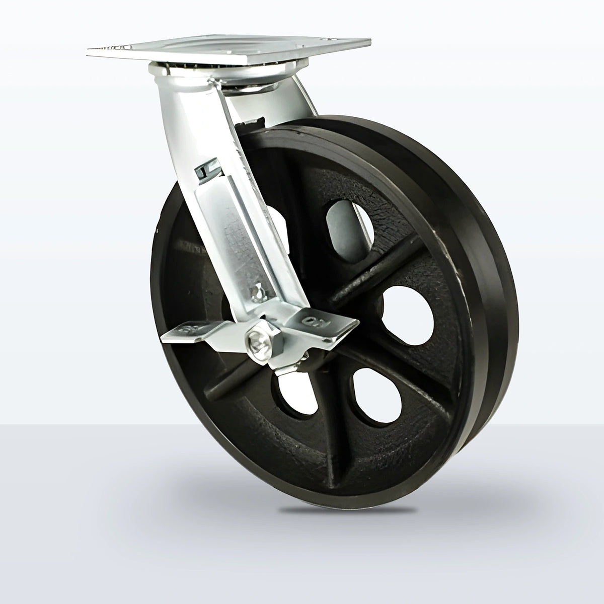 8" V-groove Cast Iron Caster, Top Plate, 1200 lb Capacity - Roller Bearing, 4 X 4-1/2 Plate, 9-1/2" Overall Height