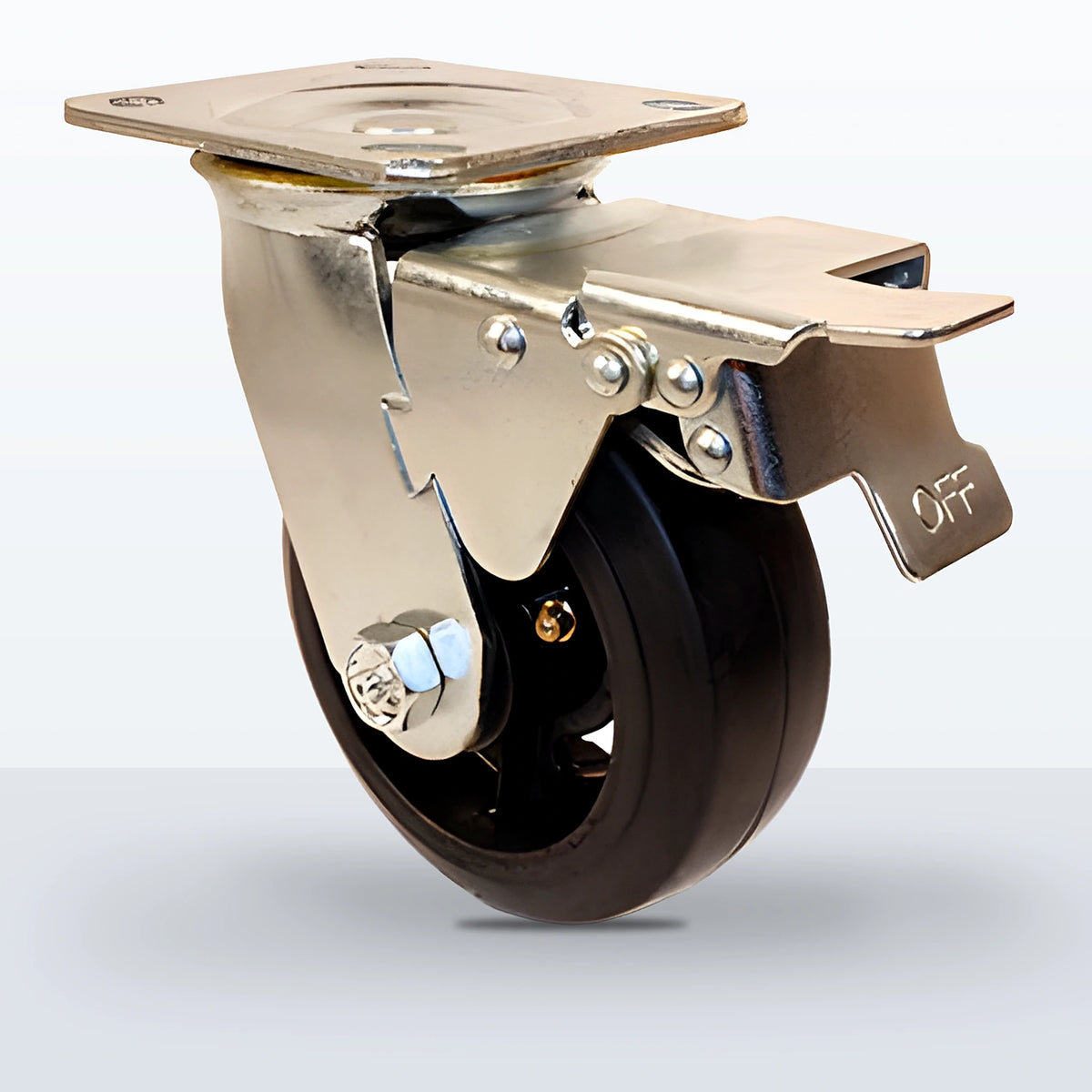 5" Rubber on Cast Iron Caster, Top Plate, 400 lb Capacity - Roller Bearing, 4 X 4-1/2 Plate, 6-1/2" Overall Height