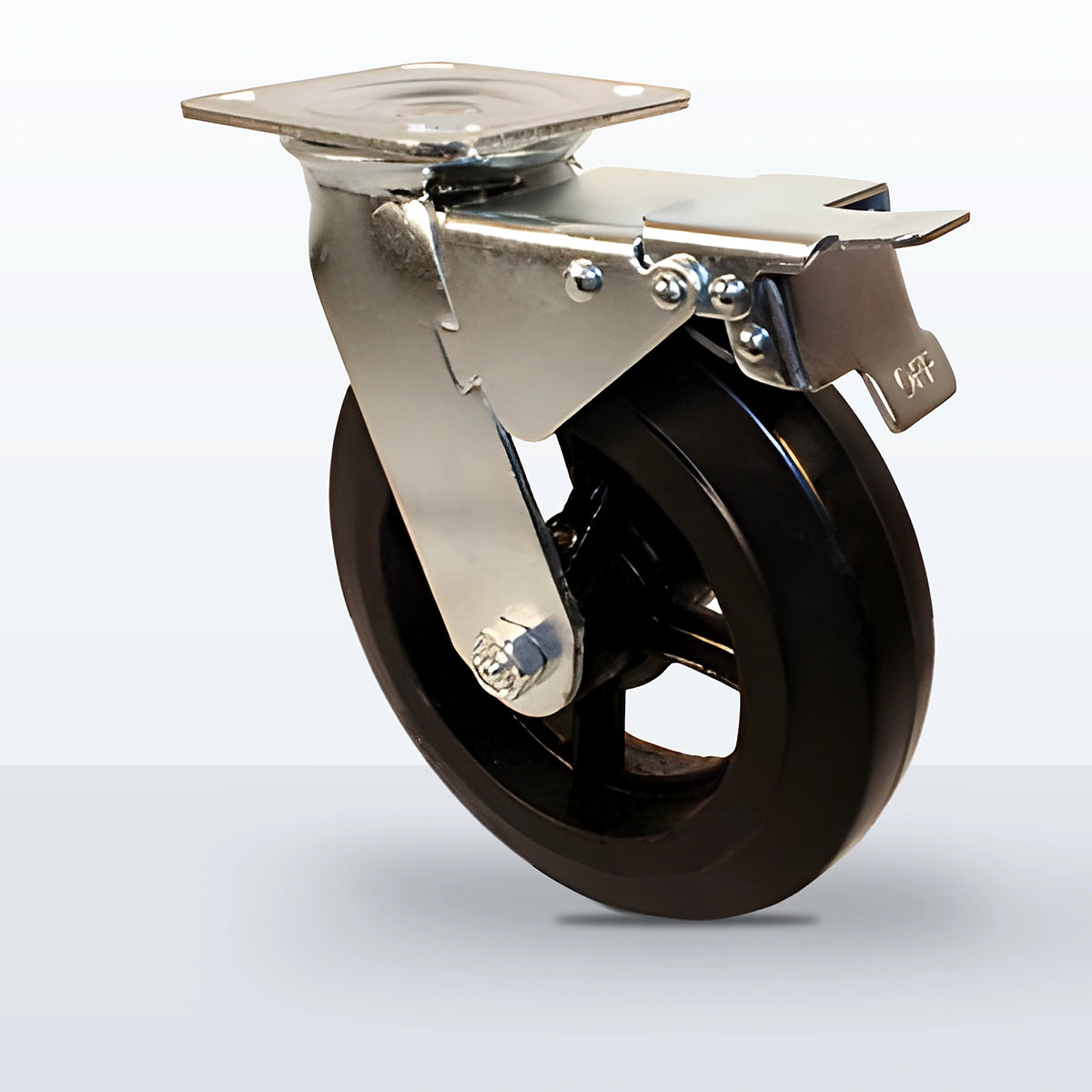 8" Rubber on Cast Iron Caster, Top Plate, 600 lb Capacity - Roller Bearing, 4 X 4-1/2 Plate, 9-1/2" Overall Height