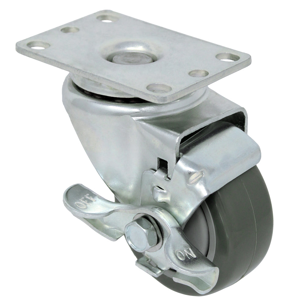 3" Polyurethane Swivel with Brake Caster, Top Plate, 250 lb Capacity