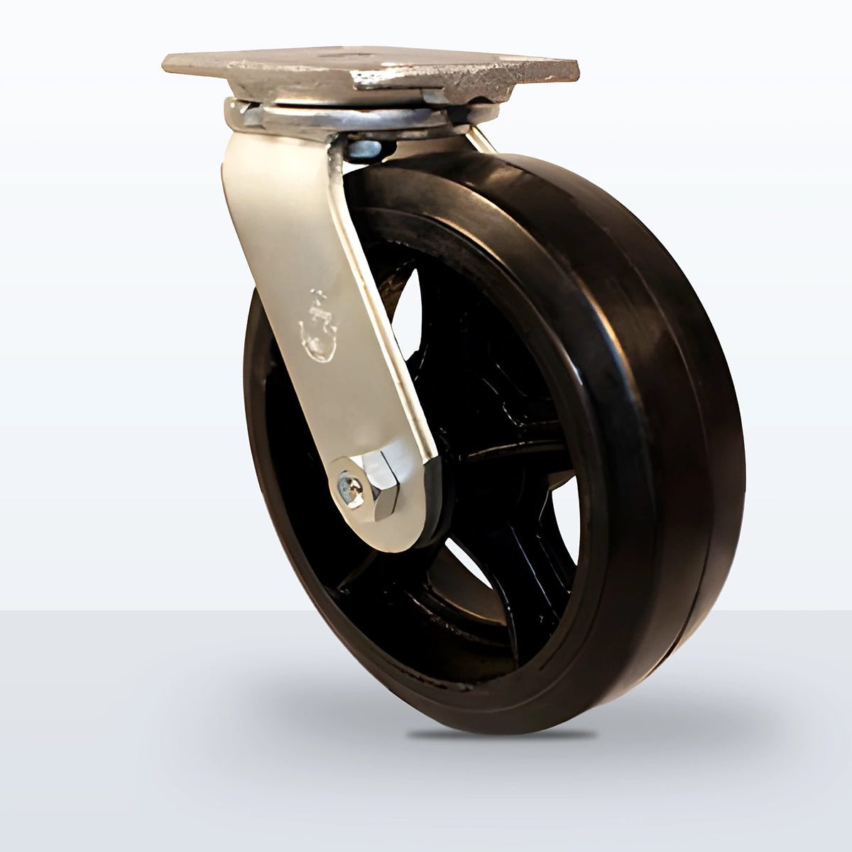 10" Rubber on Cast Iron Caster, Top Plate, 1100 lb Capacity - Roller Bearing