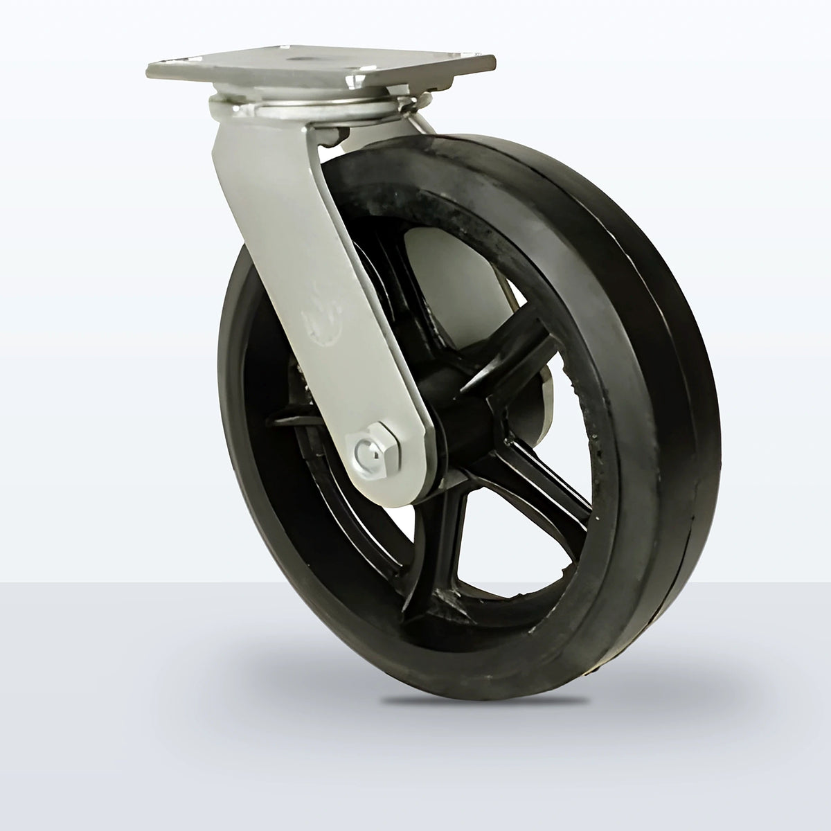 12" Rubber on Cast Iron Caster, Top Plate, 1300 lb Capacity - Roller Bearing