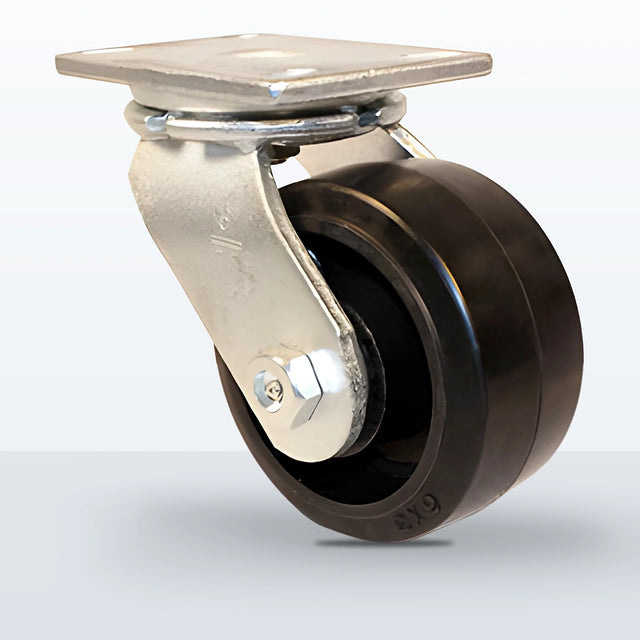 6" Rubber on Cast Iron Caster, Top Plate, 750 lb Capacity - Roller Bearing
