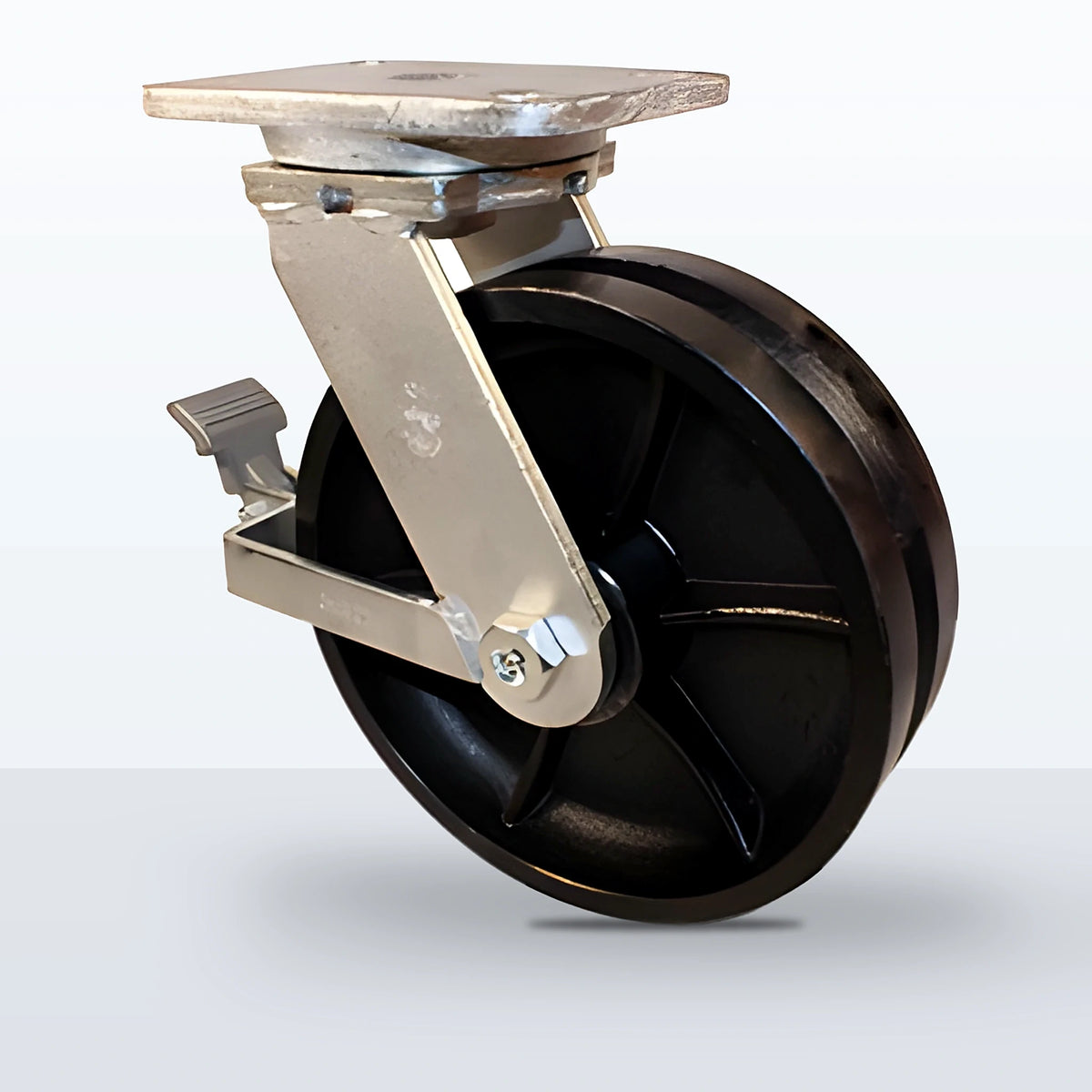 10" V-groove Cast Iron Caster, Top Plate, 3500 lb Capacity - Roller Bearing
