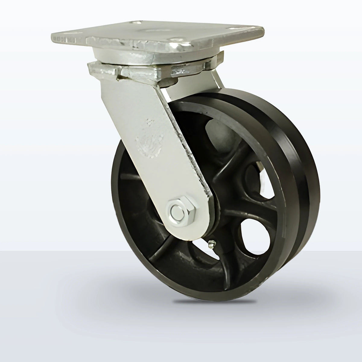 8" V-groove Cast Iron Caster, Top Plate, 3500 lb Capacity - Roller Bearing