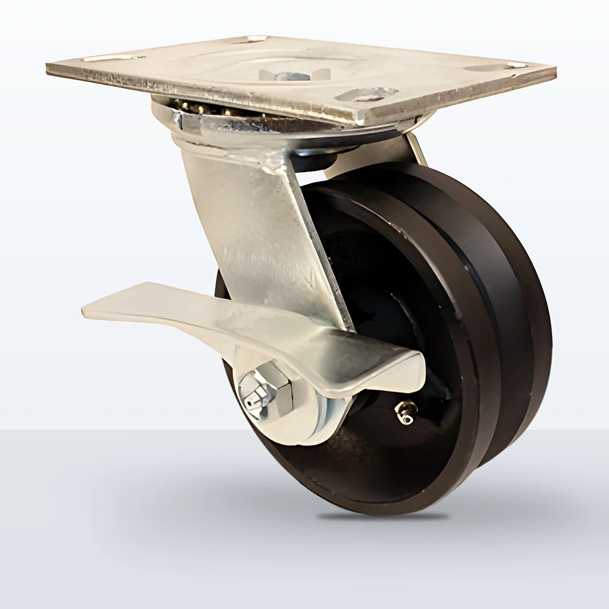 5" V-groove Cast Iron Caster, Top Plate, 900 lb Capacity - Roller Bearing