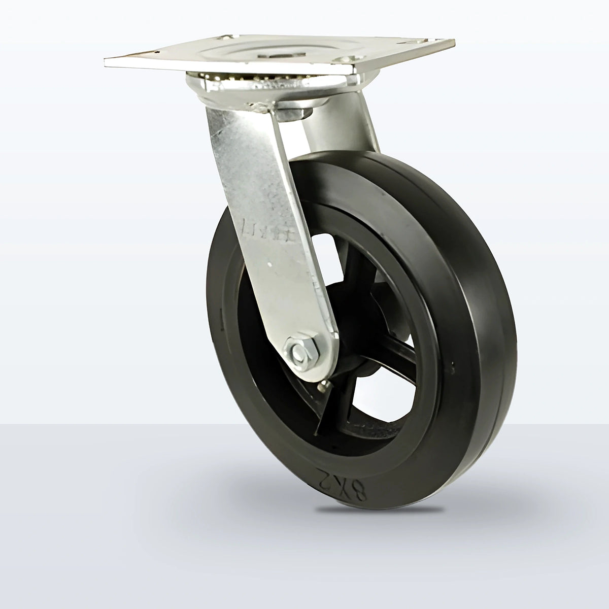 8" Rubber on Cast Iron Caster, Top Plate, 600 lb Capacity - Roller Bearing