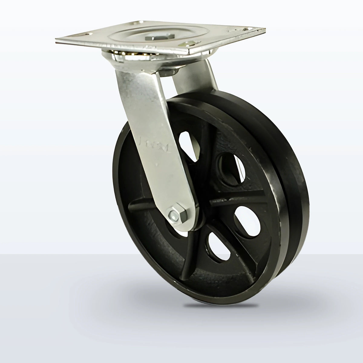 8" V-groove Cast Iron Caster, Top Plate, 1200 lb Capacity - Roller Bearing