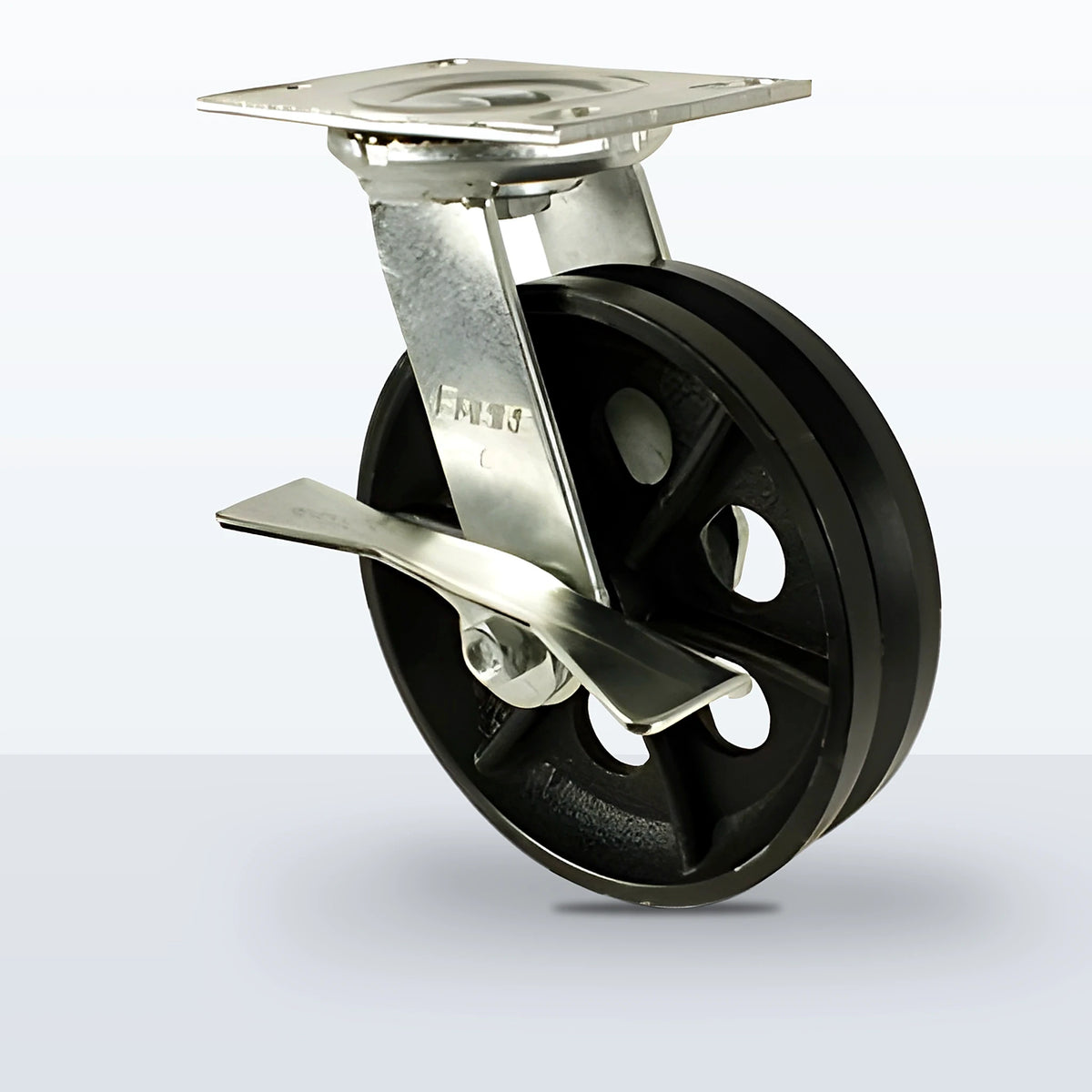 8" V-groove Cast Iron Caster, Top Plate, 1200 lb Capacity - Roller Bearing