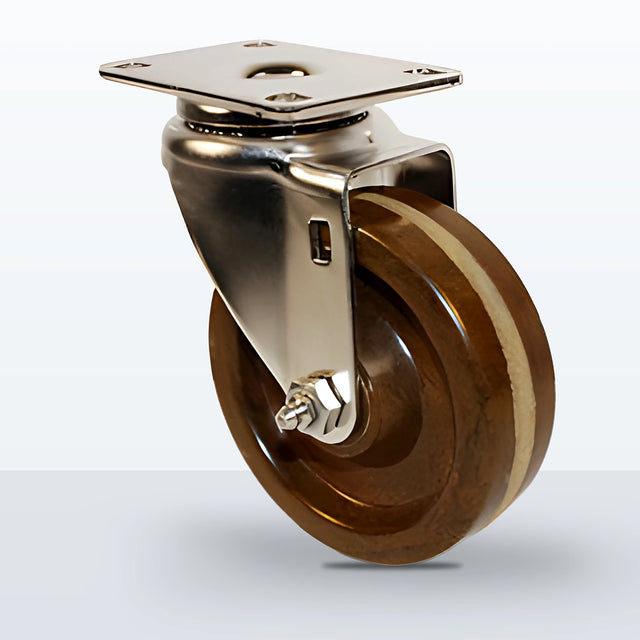 Stainless Steel 4" High Temp Phenolic Caster, Top Plate, 250 lb Capacity - Plain with Stainless Top Hat Bushings