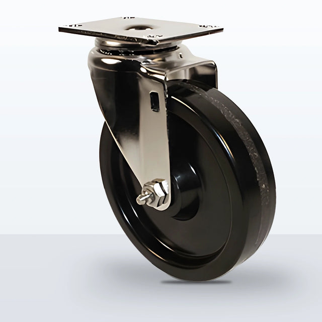 Stainless Steel 5" Phenolic Caster, Top Plate, 350 lb Capacity - Plain with Stainless Top Hat Bushings
