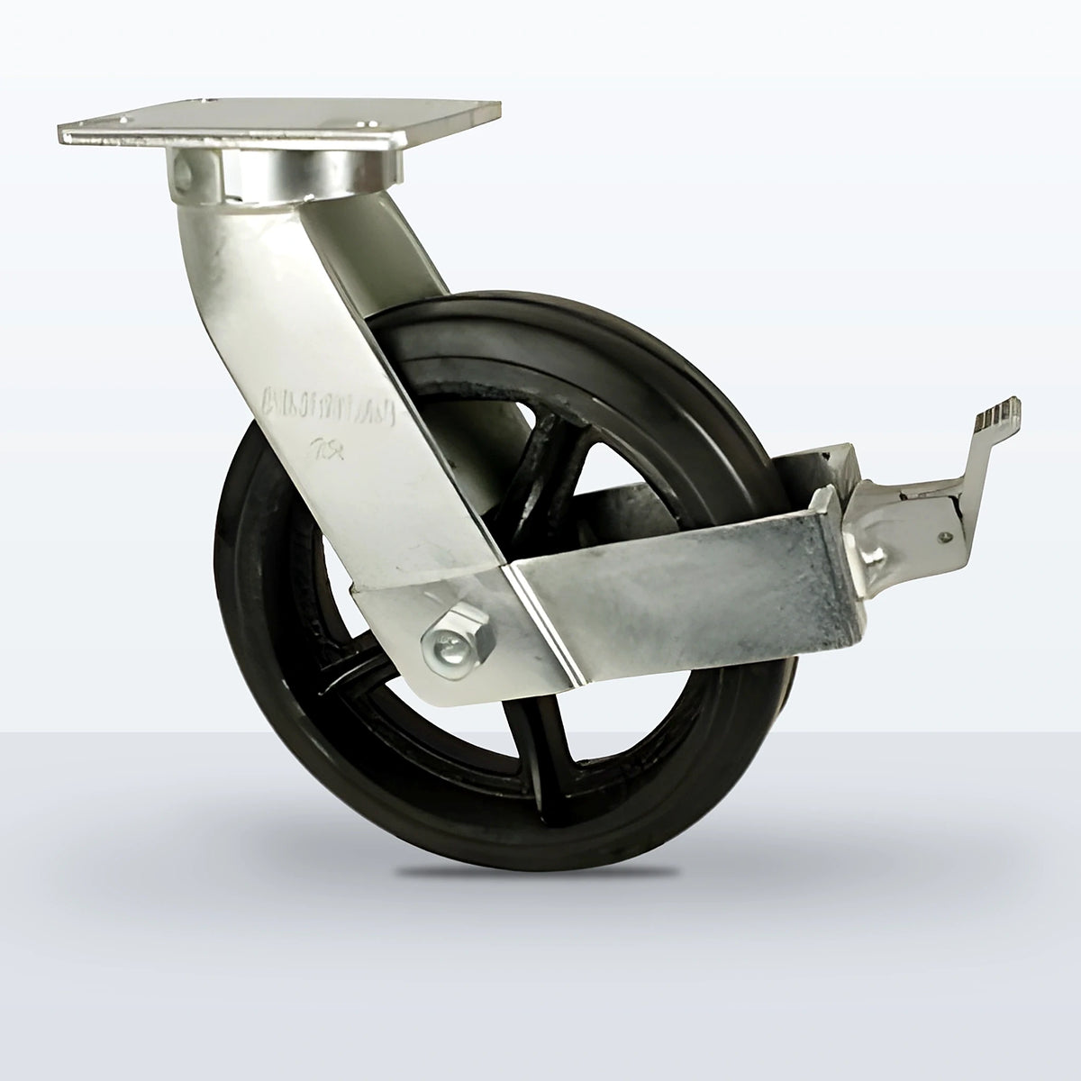 12" Rubber on Cast Iron Caster, Top Plate, 1300 lb Capacity - Roller Bearing, 5-1/4 X 7-1/4 Plate, 15-1/2" Overall Height