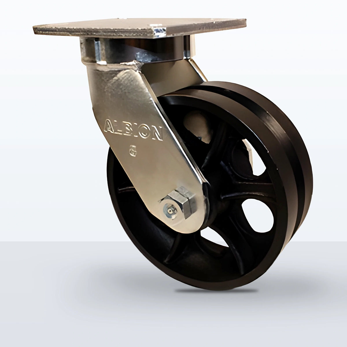 8" V-groove Cast Iron Caster, Top Plate, 3500 lb Capacity - Roller Bearing, 5-1/4 X 7-1/4 Plate