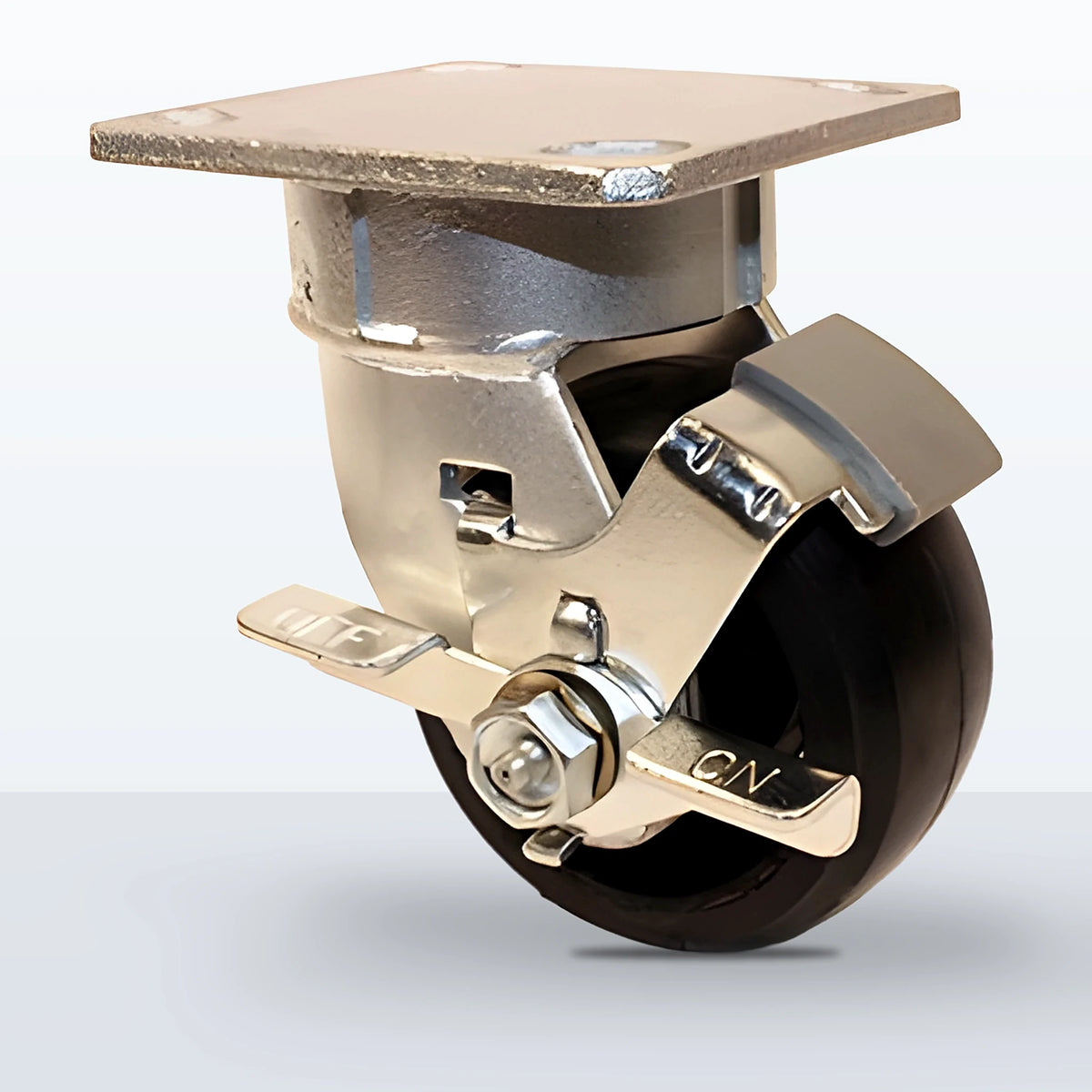 4" Rubber on Cast Iron Caster, Top Plate, 400 lb Capacity - Roller Bearing, 4 X 4-1/2 Plate