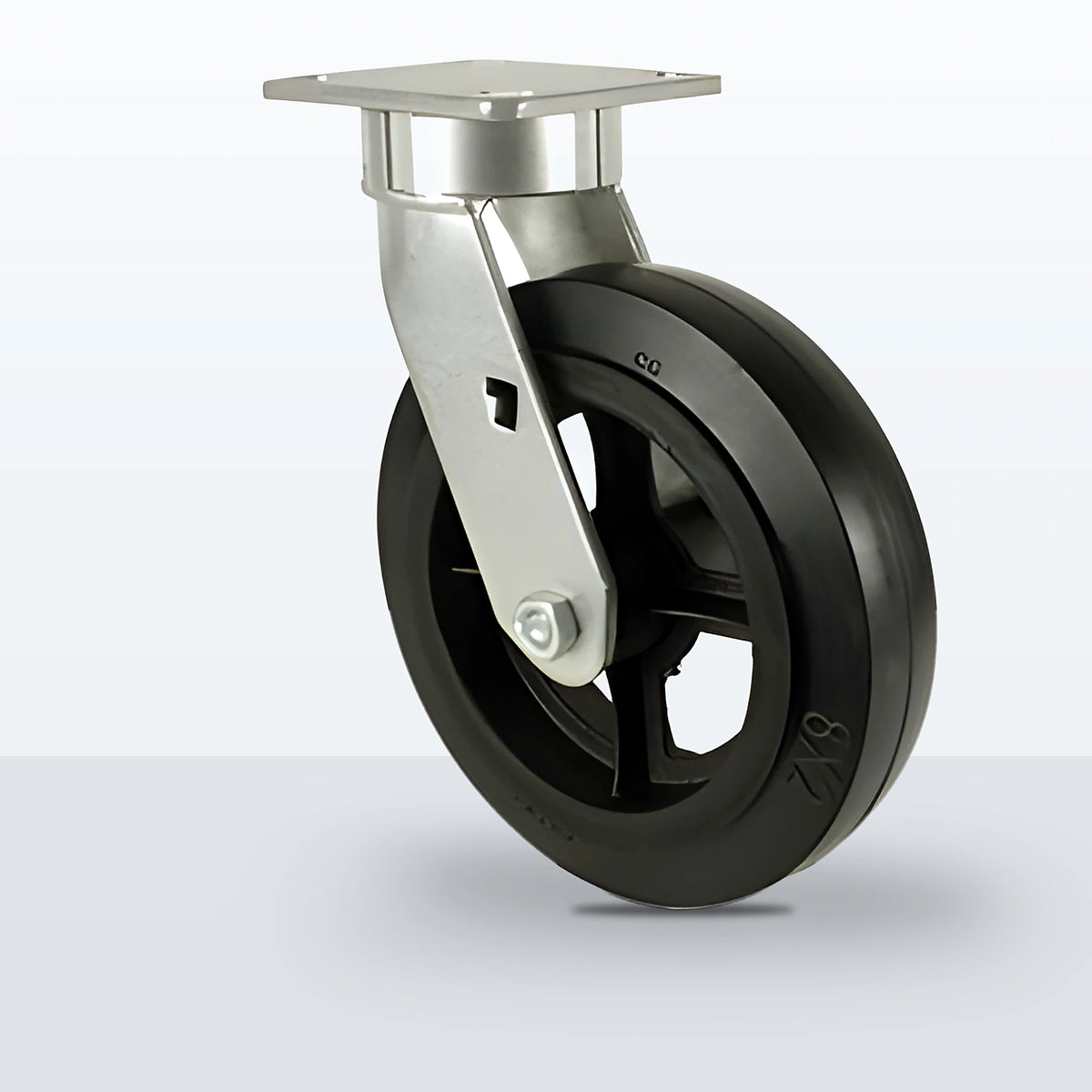 8" Rubber on Cast Iron Caster, Top Plate, 600 lb Capacity - Roller Bearing, 4 X 4-1/2 Plate