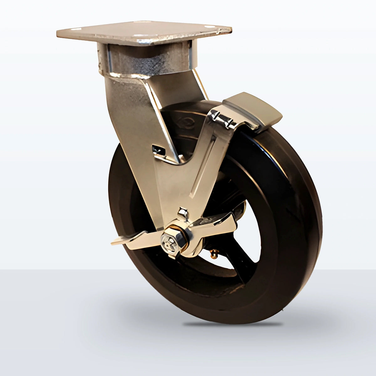 8" Rubber on Cast Iron Caster, Top Plate, 600 lb Capacity - Roller Bearing, 4 X 4-1/2 Plate