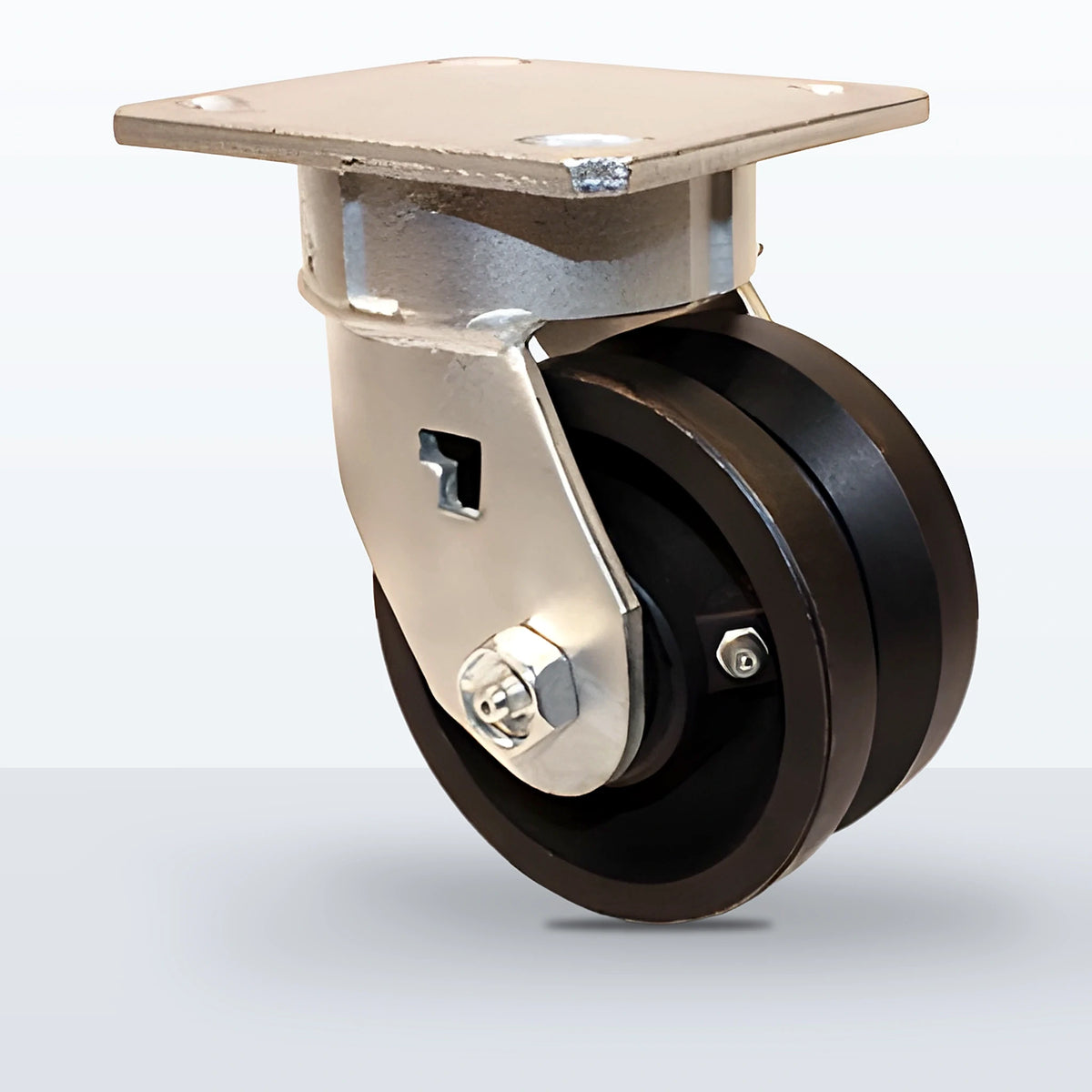 4" V-groove Cast Iron Caster, Top Plate, 600 lb Capacity - Roller Bearing, 4 X 4-1/2 Plate