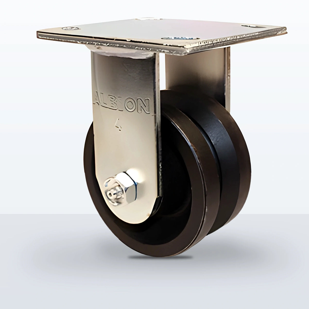 4" V-groove Cast Iron Caster, Top Plate, 600 lb Capacity - Roller Bearing, 4 X 4-1/2 Plate