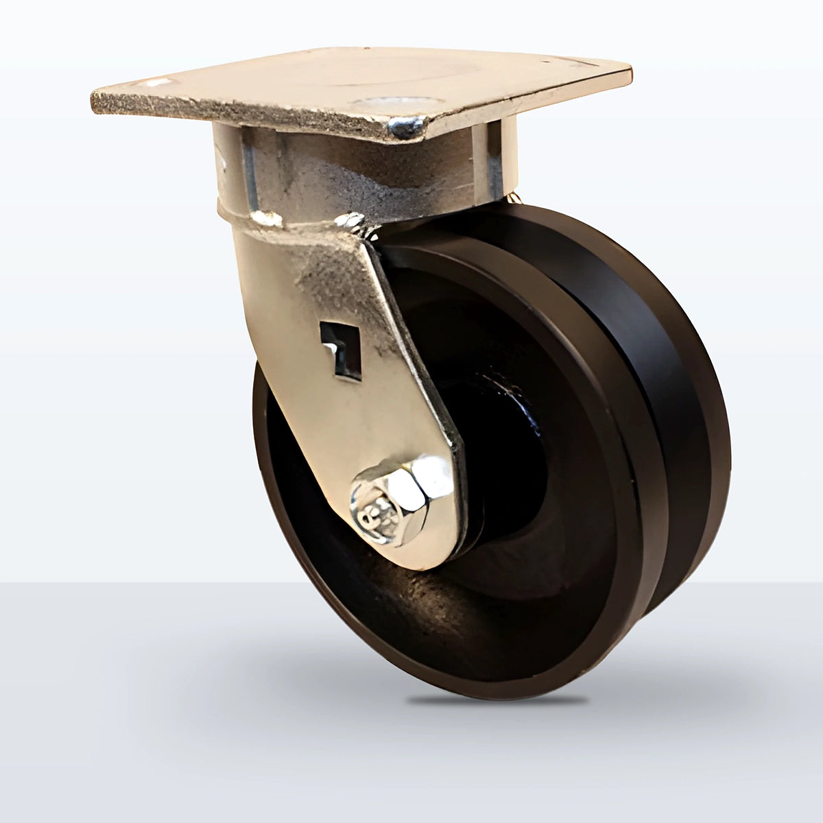 5" V-groove Cast Iron Caster, Top Plate, 900 lb Capacity - Roller Bearing, 4 X 4-1/2 Plate