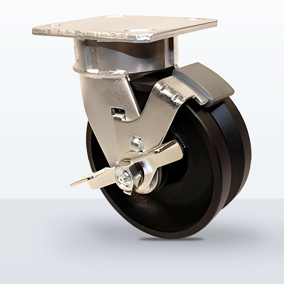 5" V-groove Cast Iron Caster, Top Plate, 900 lb Capacity - Roller Bearing, 4 X 4-1/2 Plate