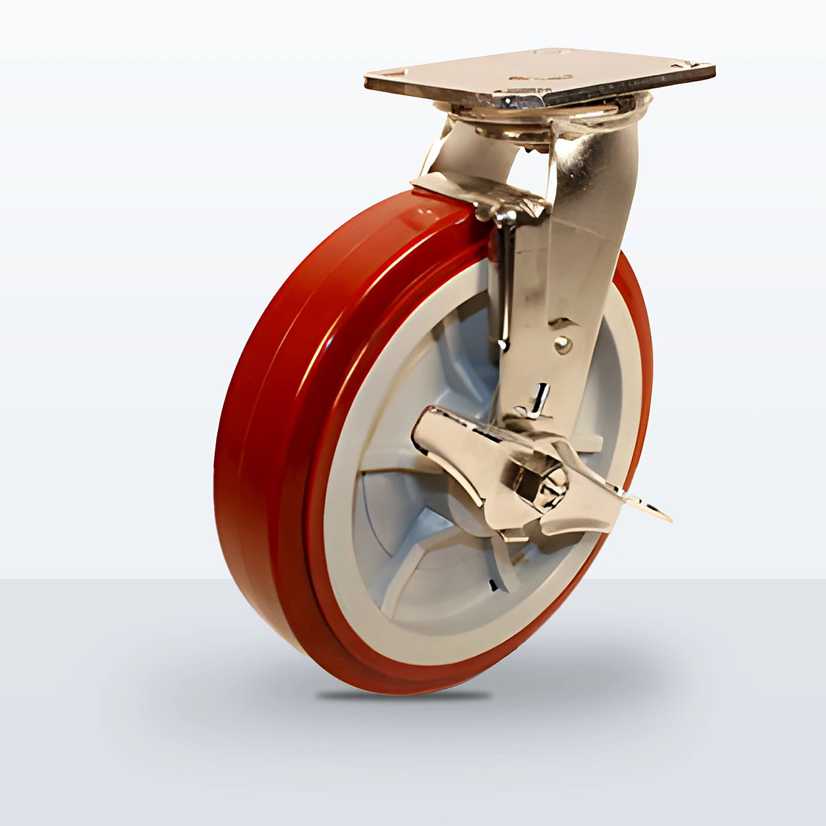 Stainless Steel 8" Polyurethane on Polypropylene Caster, Top Plate, 1000 lb Capacity - Delrin Bearing