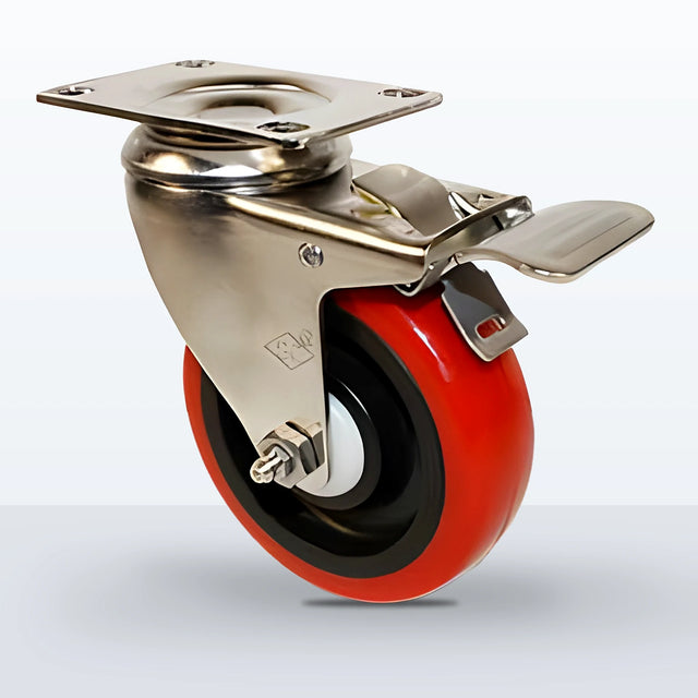 Stainless Steel 4" Polyurethane on Polypropylene Caster, Top Plate, 300 lb Capacity - Delrin with Delrin Spanner Bushing