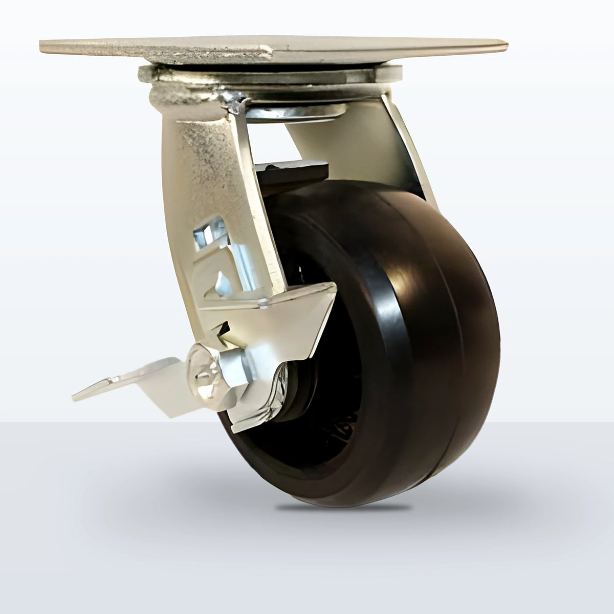4" Rubber on Cast Iron Caster, Top Plate, 400 lb Capacity - Roller Bearing, 4 X 4-1/2 Plate, 5-5/8" Overall Height
