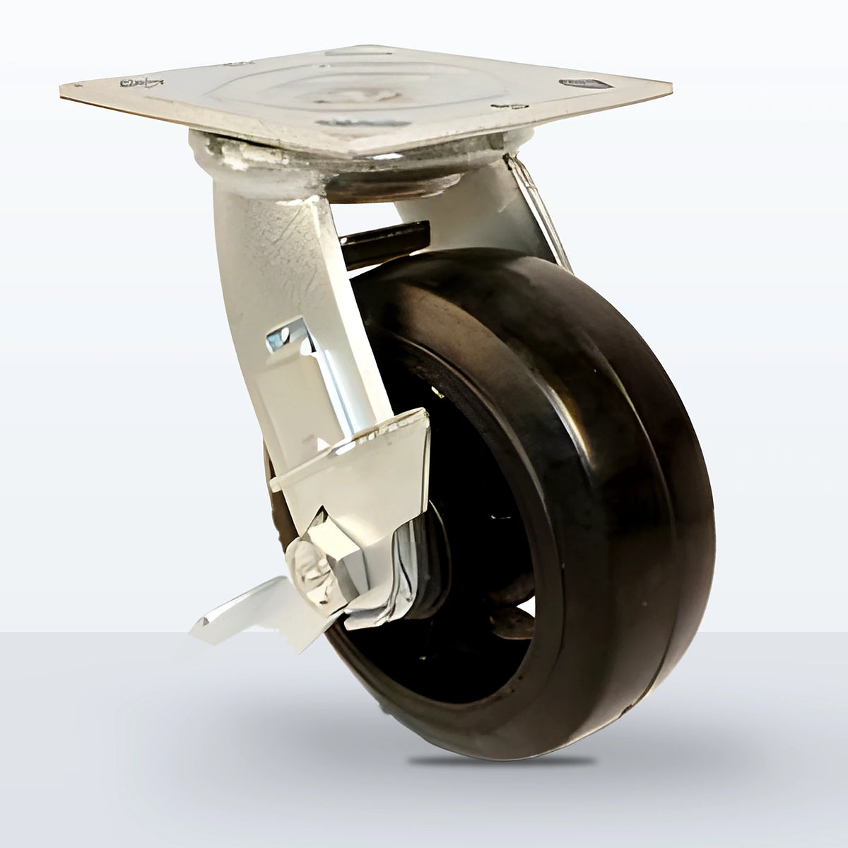 5" Rubber on Cast Iron Caster, Top Plate, 400 lb Capacity - Roller Bearing, 4 X 4-1/2 Plate, 6-1/2" Overall Height