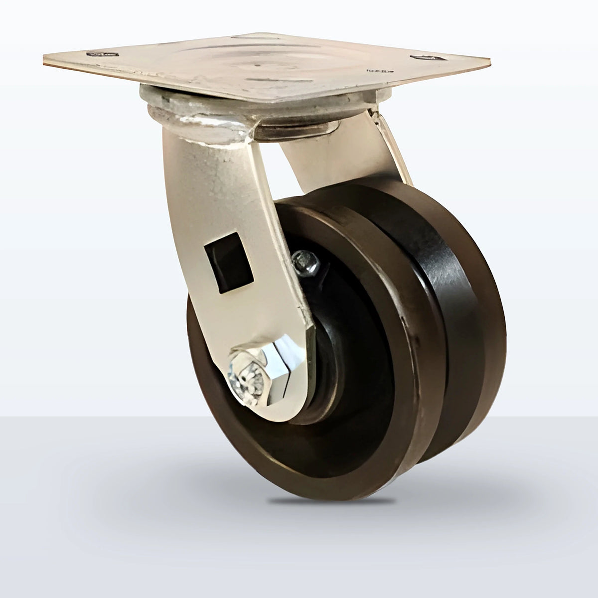 4" V-groove Cast Iron Caster, Top Plate, 600 lb Capacity - Roller Bearing, 4 X 4-1/2 Plate, 5-5/8" Overall Height