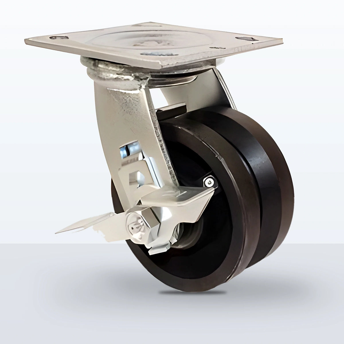 4" V-groove Cast Iron Caster, Top Plate, 600 lb Capacity - Roller Bearing, 4 X 4-1/2 Plate, 5-5/8" Overall Height