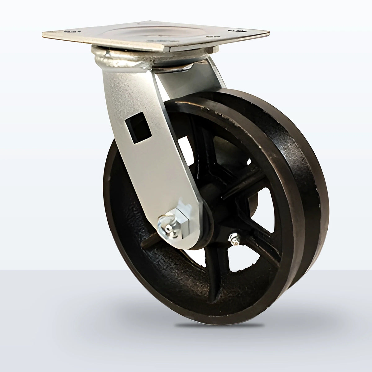 6" V-groove Cast Iron Caster, Top Plate, 1000 lb Capacity - Roller Bearing, 4 X 4-1/2 Plate, 7-1/2" Overall Height
